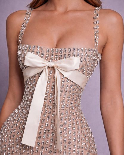 Nude Crystal Bow Embellished Corset Gown