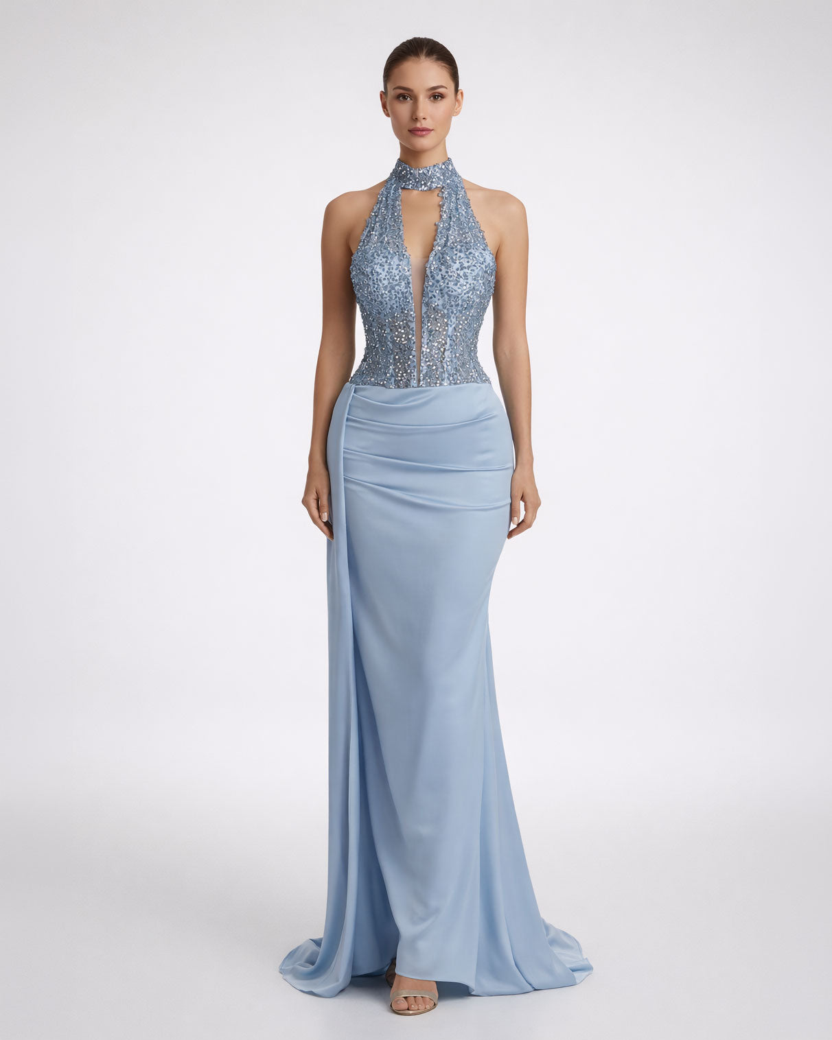 Ice Blue Embellished Halter Evening Gown