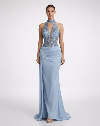 Ice Blue Embellished Halter Evening Gown