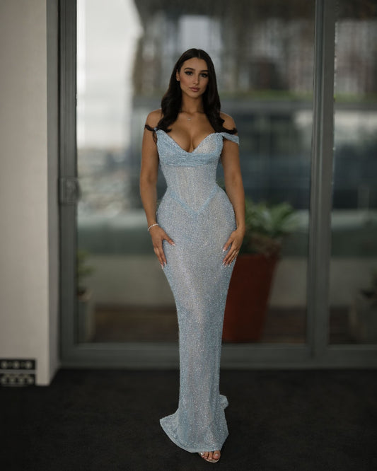 Ice Blue Crystal Corset Gown with Off-Shoulder Draped Neckline