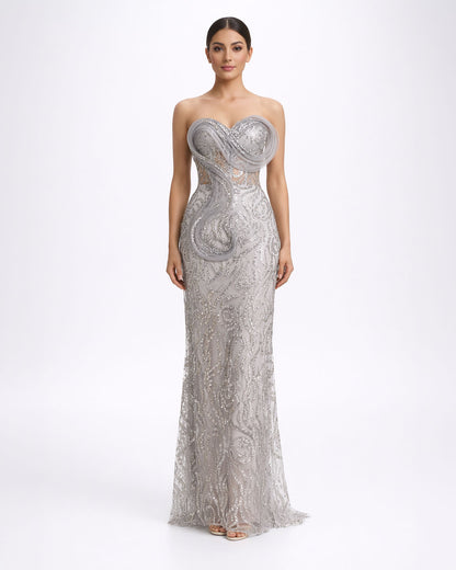 Silver Embellished Strapless Evening Gown