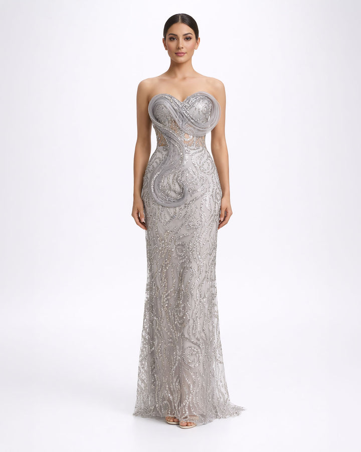 Silver embellished strapless evening gown