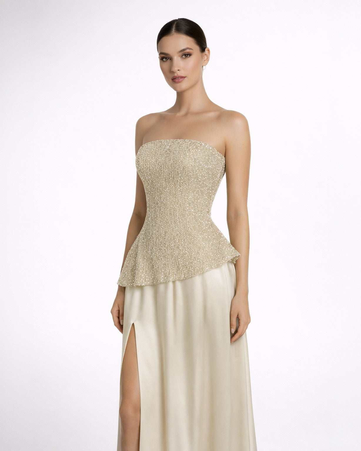 Champagne Beaded Strapless Evening Gown with Slit