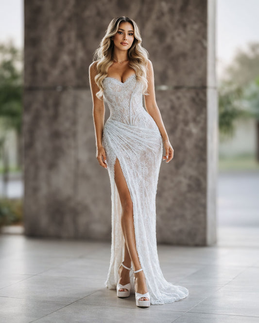 Ivory Lace Corset Gown with Draped Skirt and High Slit