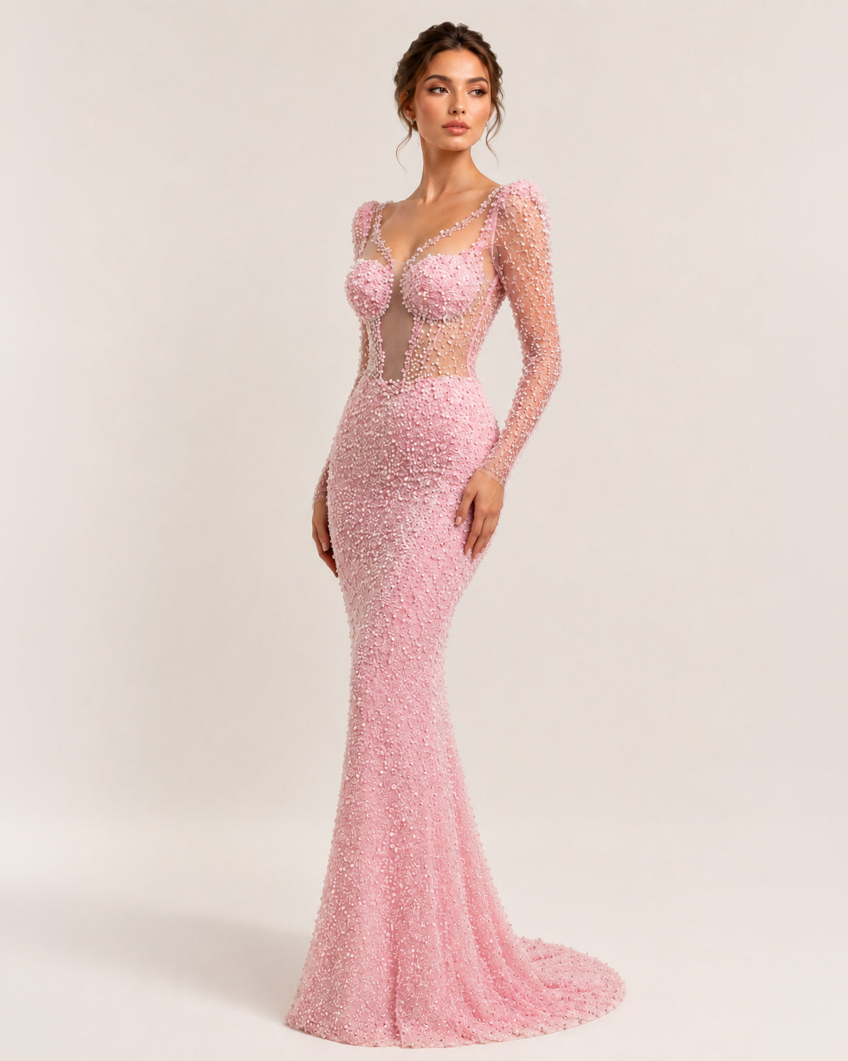 Blush Pink Long Sleeve Beaded Illusion Corset Mermaid Dress