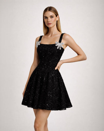 Black Embellished Bow Strap Mini Dress