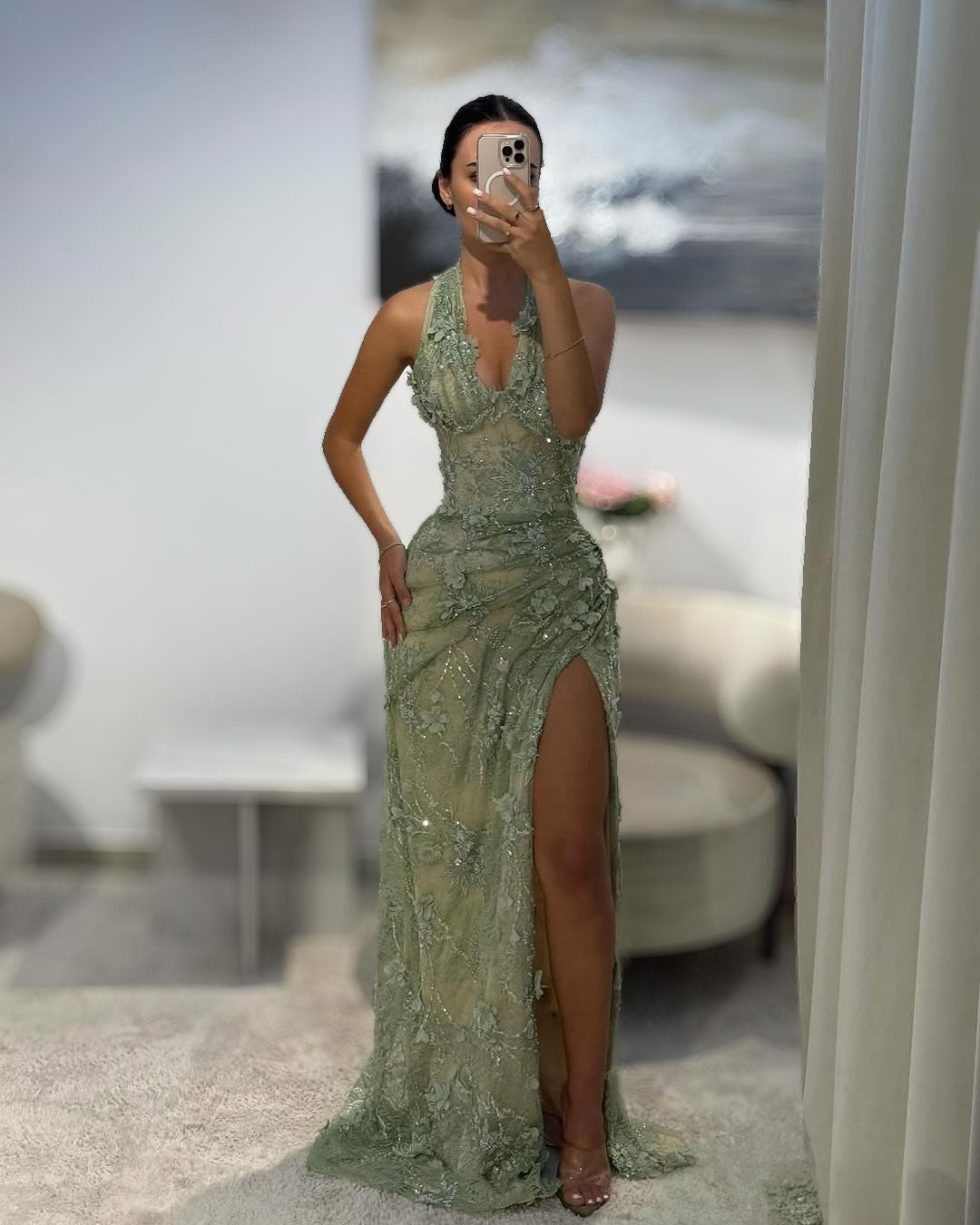 green halter prom dress Sage Floral Lace Shipping Restriction: lead Burgundy Satin and Black The halter neckline adds listing:531ceb06-7ace-4d01-98bf-a02473f45795