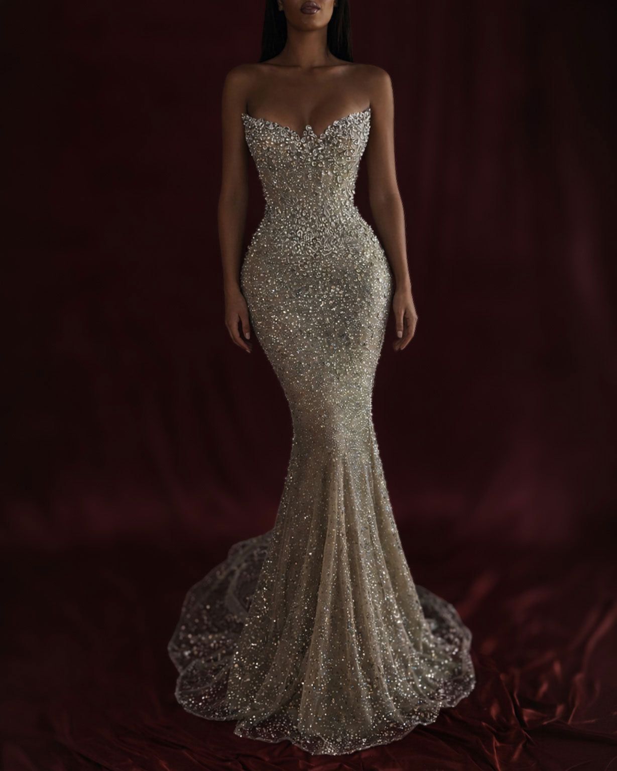 Silver Crystal Strapless Mermaid Evening Gown