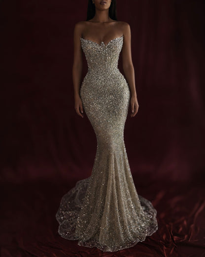 Silver Crystal Strapless Mermaid Evening Gown