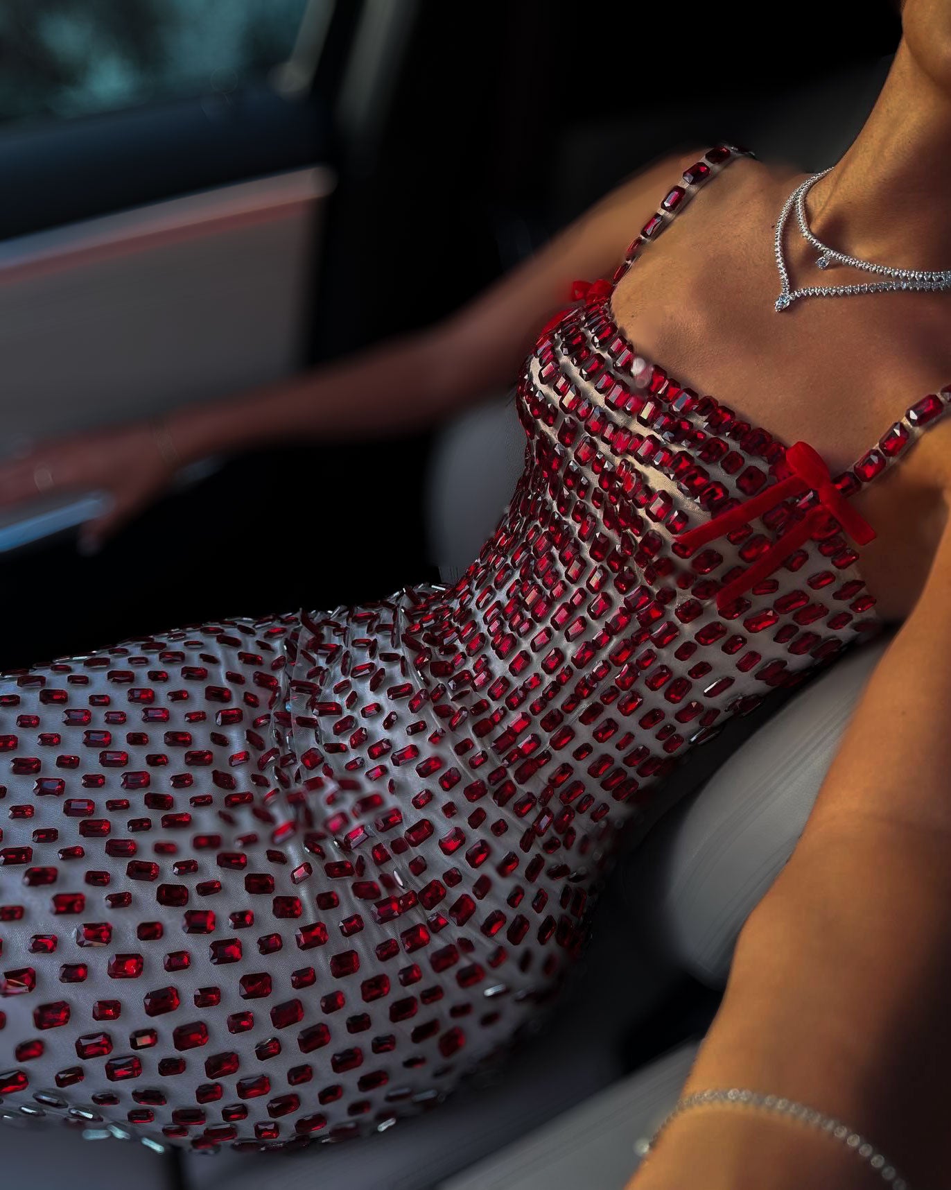 Red Beaded Corset Column Gown