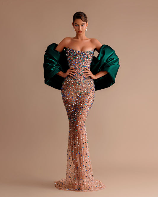 Nude Crystal Corset Evening Dress