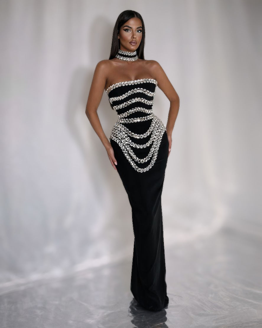 Black Crystal Corset Gown with Draped Chain Embellishments