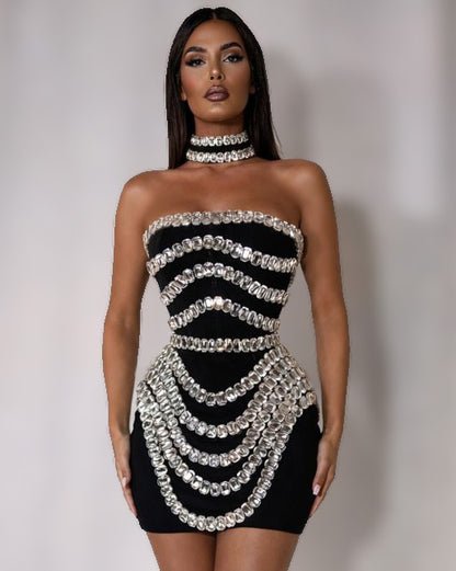 Black Crystal Corset Mini Dress with Draped Chain Detailing