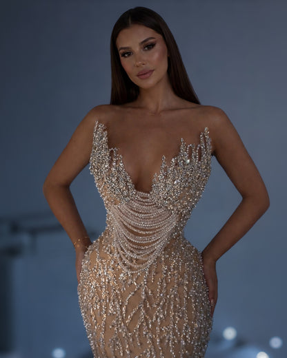 Champagne Crystal Corset Column Gown