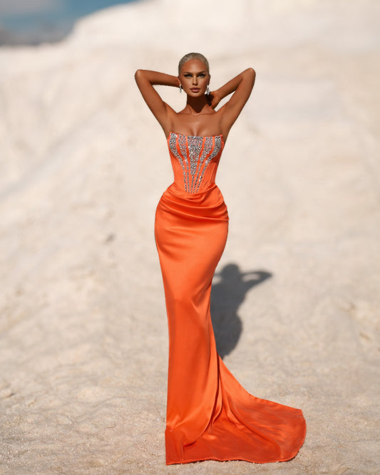 Burnt Orange Crystal Corset Gown