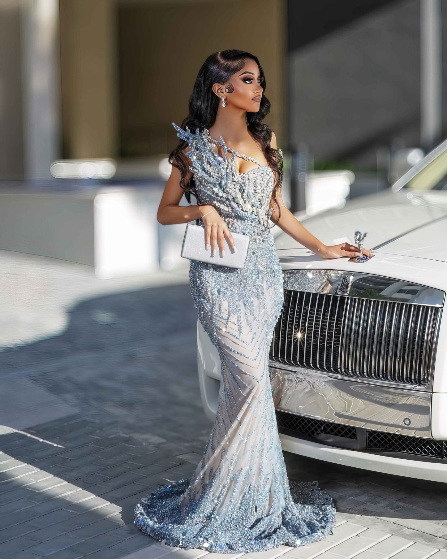 Champagne Gold One-Shoulder Crystal Corset Gown with Sculptural Detailing