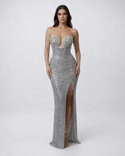 Silver Crystal Plunge Evening Gown