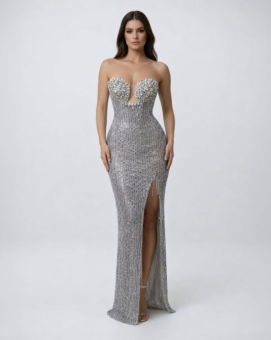 Silver Crystal Plunge Evening Gown