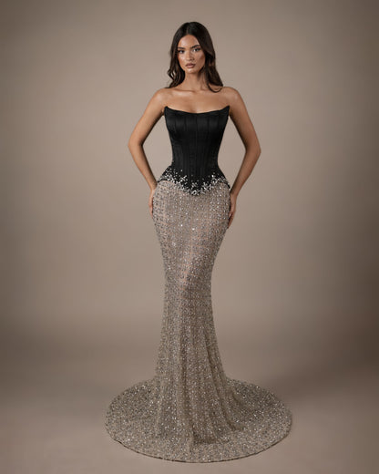 Black Corset Crystal Mermaid Gown
