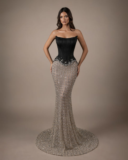 Black Corset Crystal Mermaid Gown