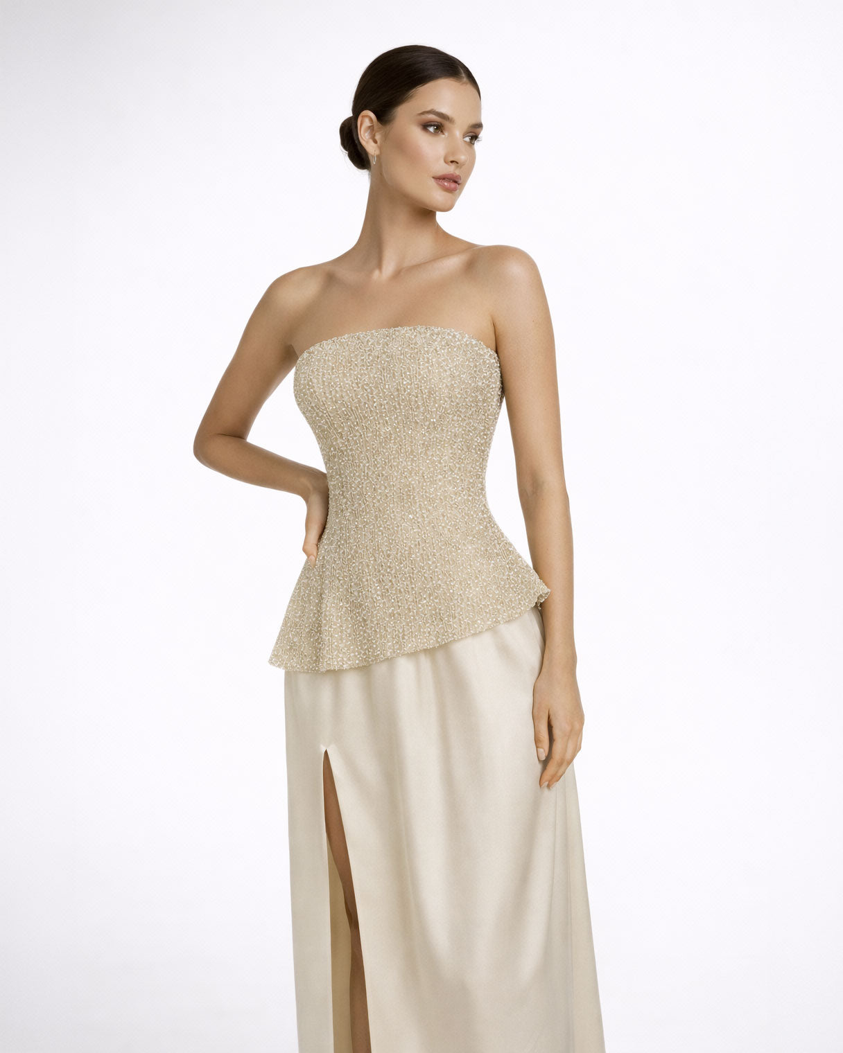 Champagne Beaded Strapless Evening Gown with Slit