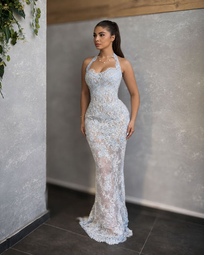 Light Blue Lace Halter Corset Gown with Sheer Detail