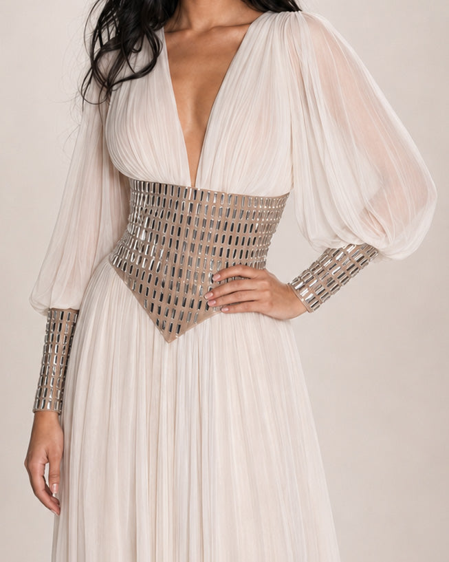Ivory Chiffon Crystal Corset Long Sleeve Gown