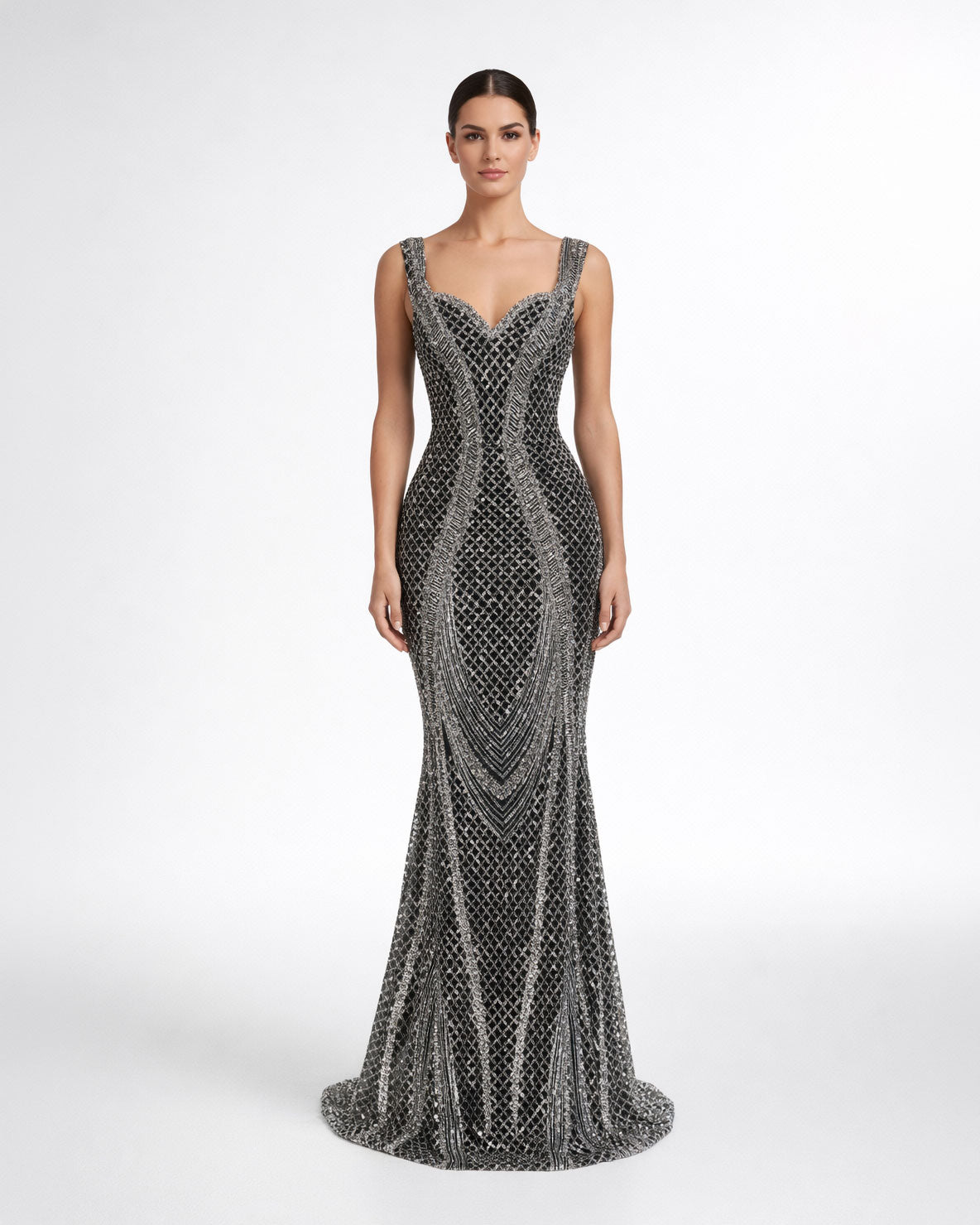 Black Silver Embellished Evening Gown