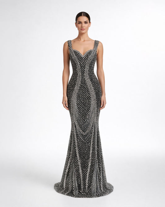 Black Silver Embellished Evening Gown