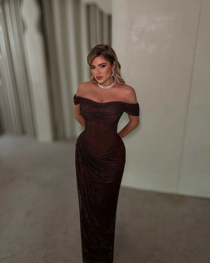 Chocolate Brown Off-Shoulder Glitter Corset Gown