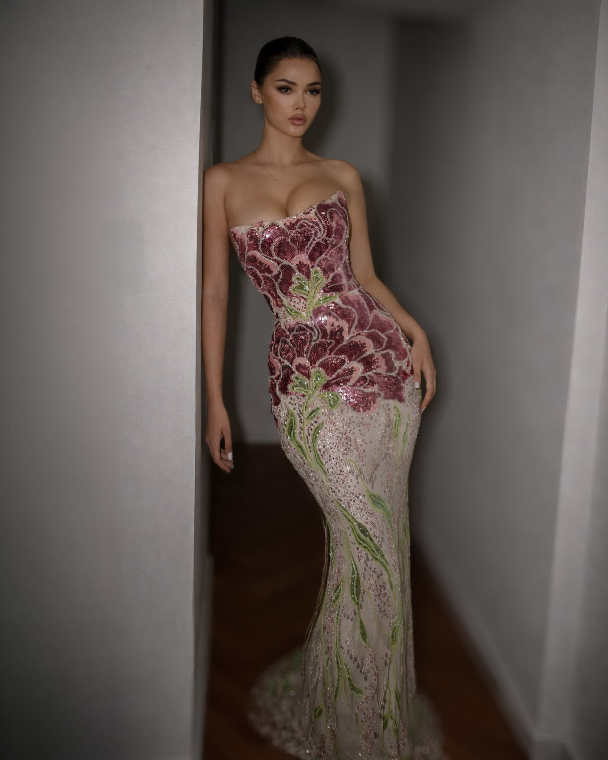 Strapless Floral Sequin Mermaid Evening Gown in Blush and Burgundy