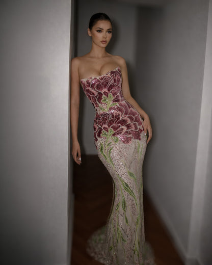 Strapless Floral Sequin Mermaid Evening Gown in Blush and Burgundy