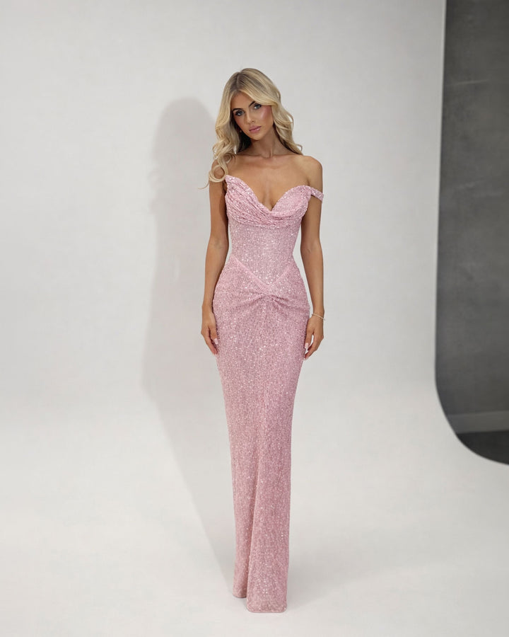 Blush pink embellished off-shoulder evening gown
