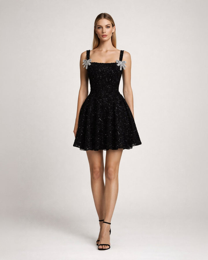 Black bow strap mini dress with embellishment