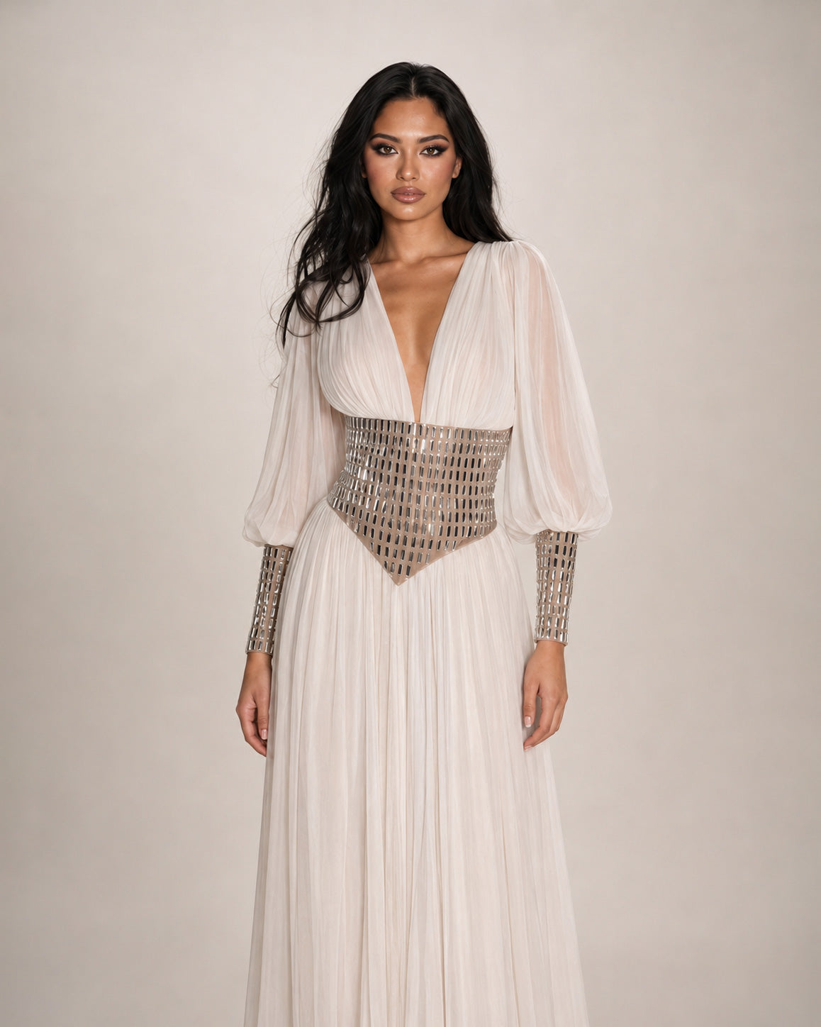 Ivory Chiffon Crystal Corset Long Sleeve Gown