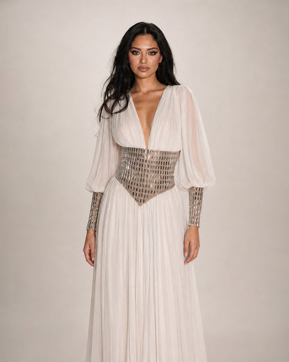 Ivory Chiffon Crystal Corset Long Sleeve Gown