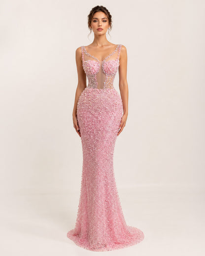 Blush Pink Beaded Illusion Corset Mermaid Prom Dress