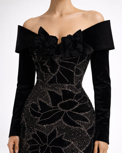 Black Off-Shoulder Embellished Long Sleeve Mini Dress