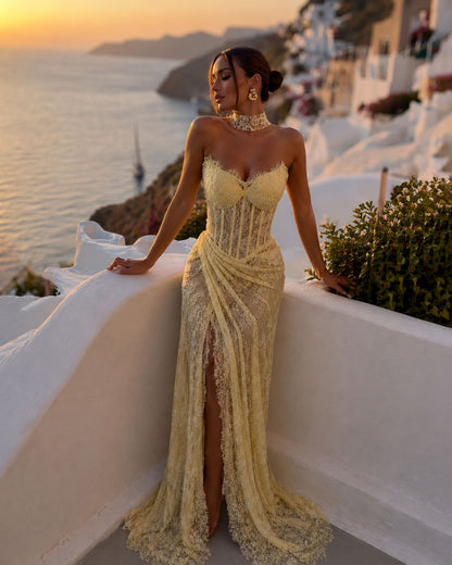 Butter Yellow Lace Corset Gown with Choker Detail