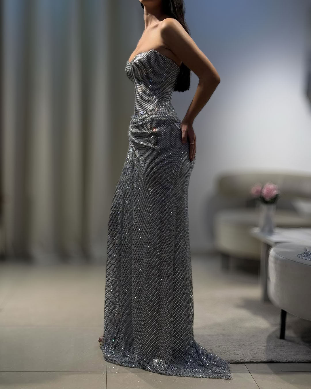 Silver Crystal Strapless Mermaid Gown