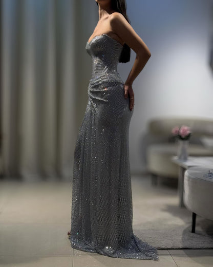 Silver Crystal Strapless Mermaid Gown