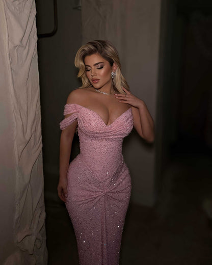 Blush Pink Off-Shoulder Sequin Corset Evening Gown