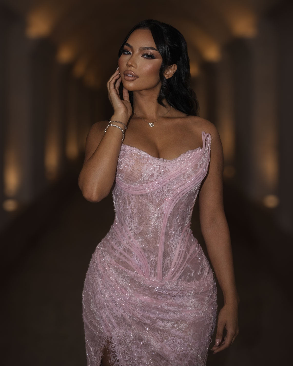 Blush Pink Lace Corset Gown with Sculpted Bodice and High Slit