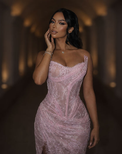Blush Pink Lace Corset Gown with Sculpted Bodice and High Slit
