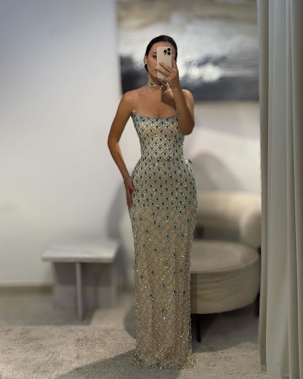 Ivory & Sapphire Crystal Couture Gown