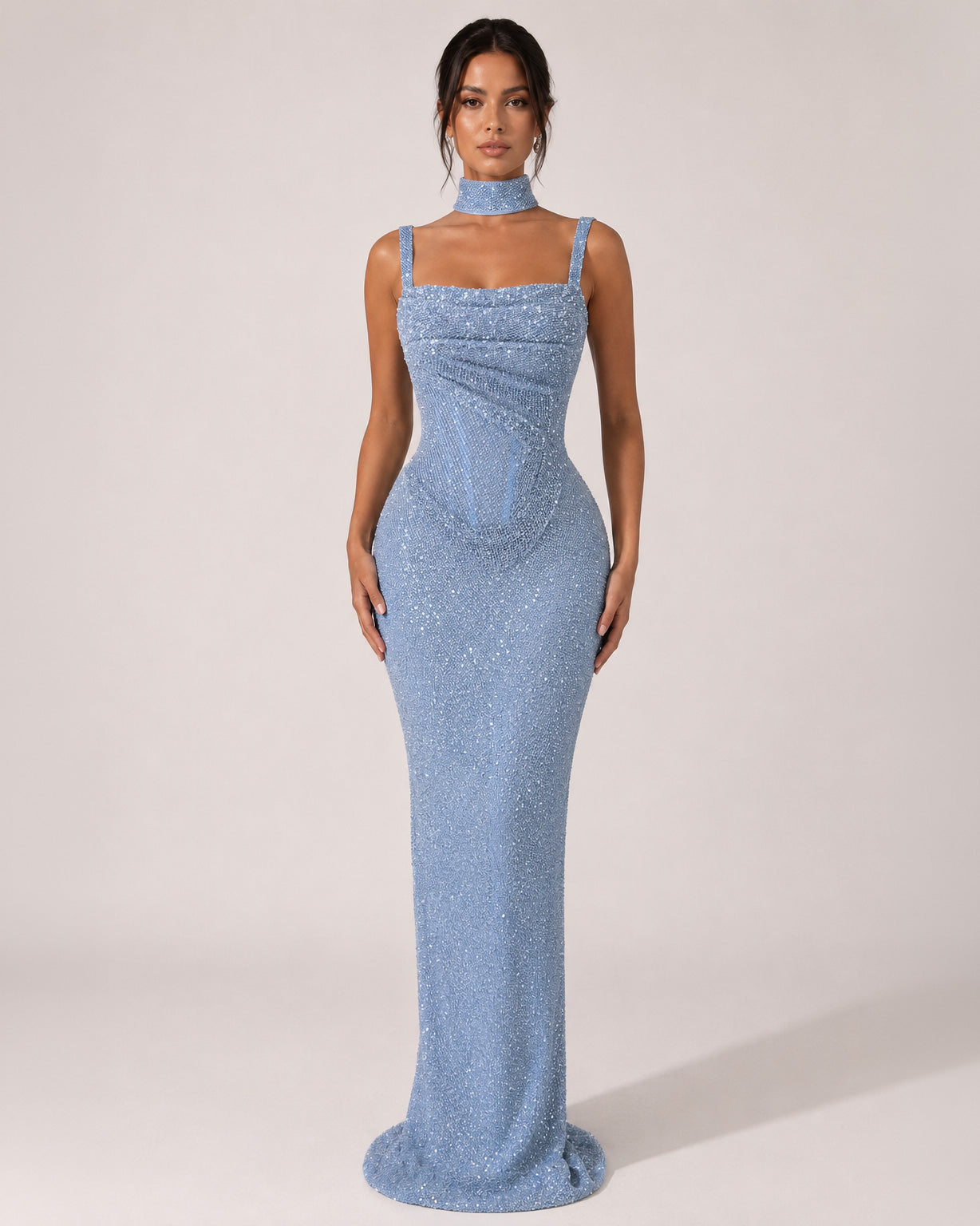 Ice Blue Sequin Square Neck Corset Prom Dress