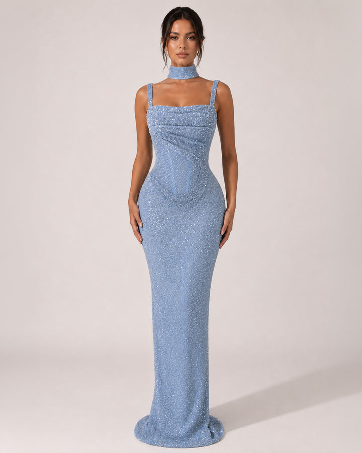 Ice Blue Sequin Square Neck Corset Prom Dress