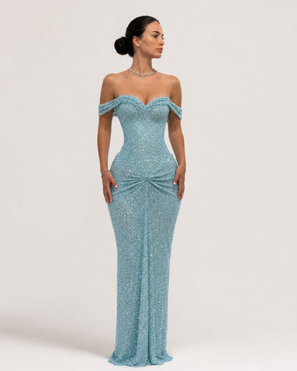 Ice Blue Sequin Off Shoulder Corset Prom Dress