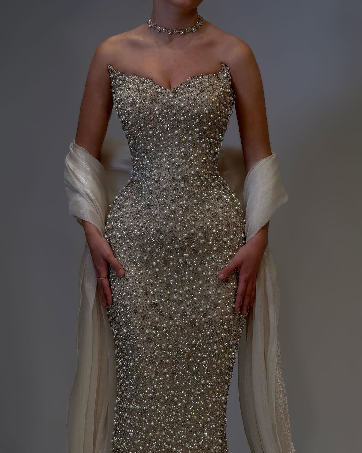 Champagne Crystal Strapless Couture Gown