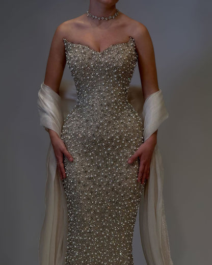 Champagne Crystal Strapless Couture Gown